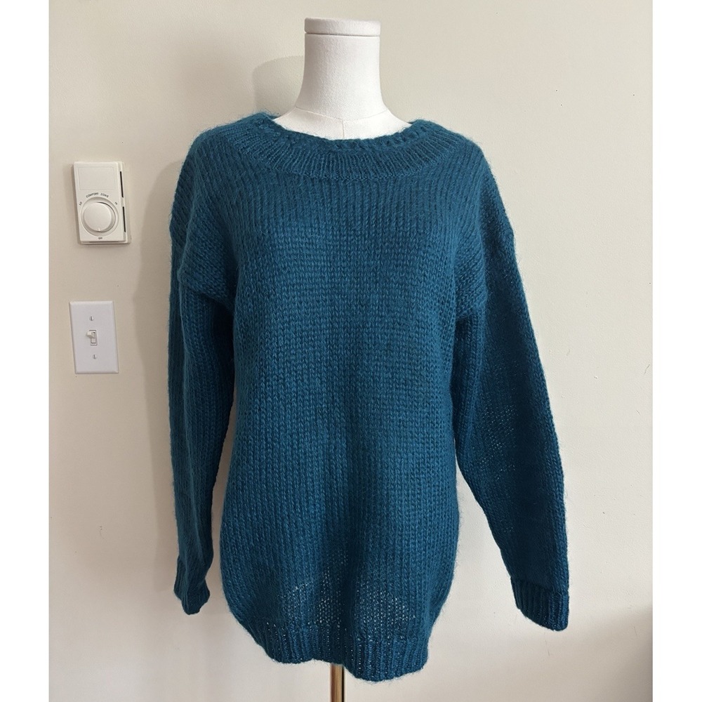 Rafaella Womens Medium Sweater Chunky Knit Teal Blue Fuzzy Mohair Luxurious